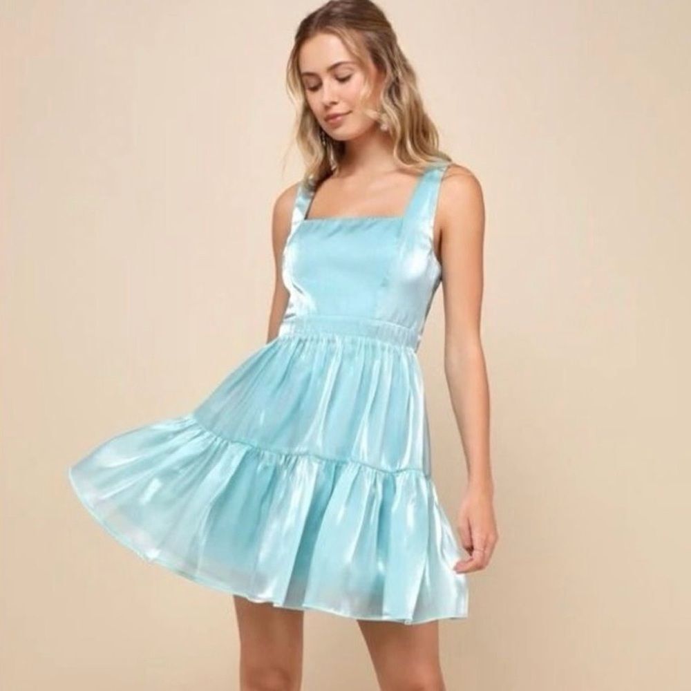 Lulus Thriving Darling Shiny Teal Blue Sleeveless Tiered Mini Dress Size XL NEW